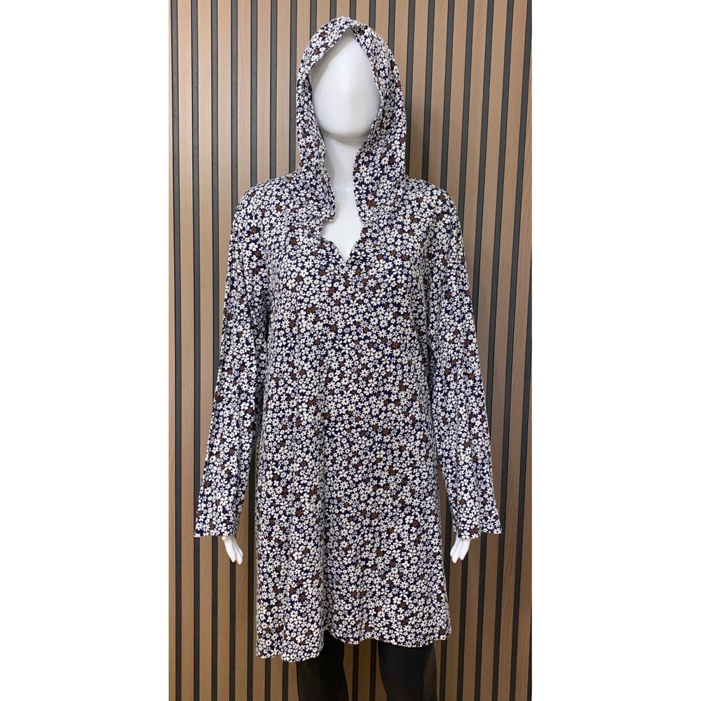 Lands End Women's 2X Hooded Tunic Dress Navy Blue Floral Cotton Jersey Knit
